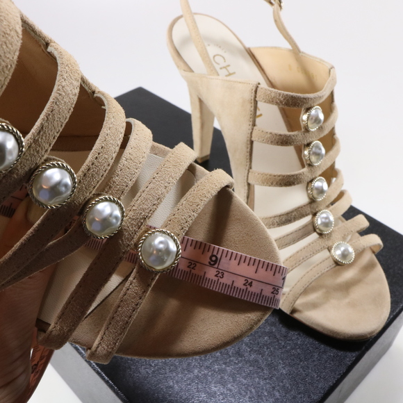 Chanel 19P 38 Beige Suede Nude pearl Centric Strappy Cage CC Logo Heels C867 - Picture 5 of 16